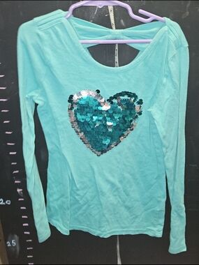 SO Teal Long Sleeve T-Shirt with Silver & Teal Foil Sequin Heart Shape Girls 7/8